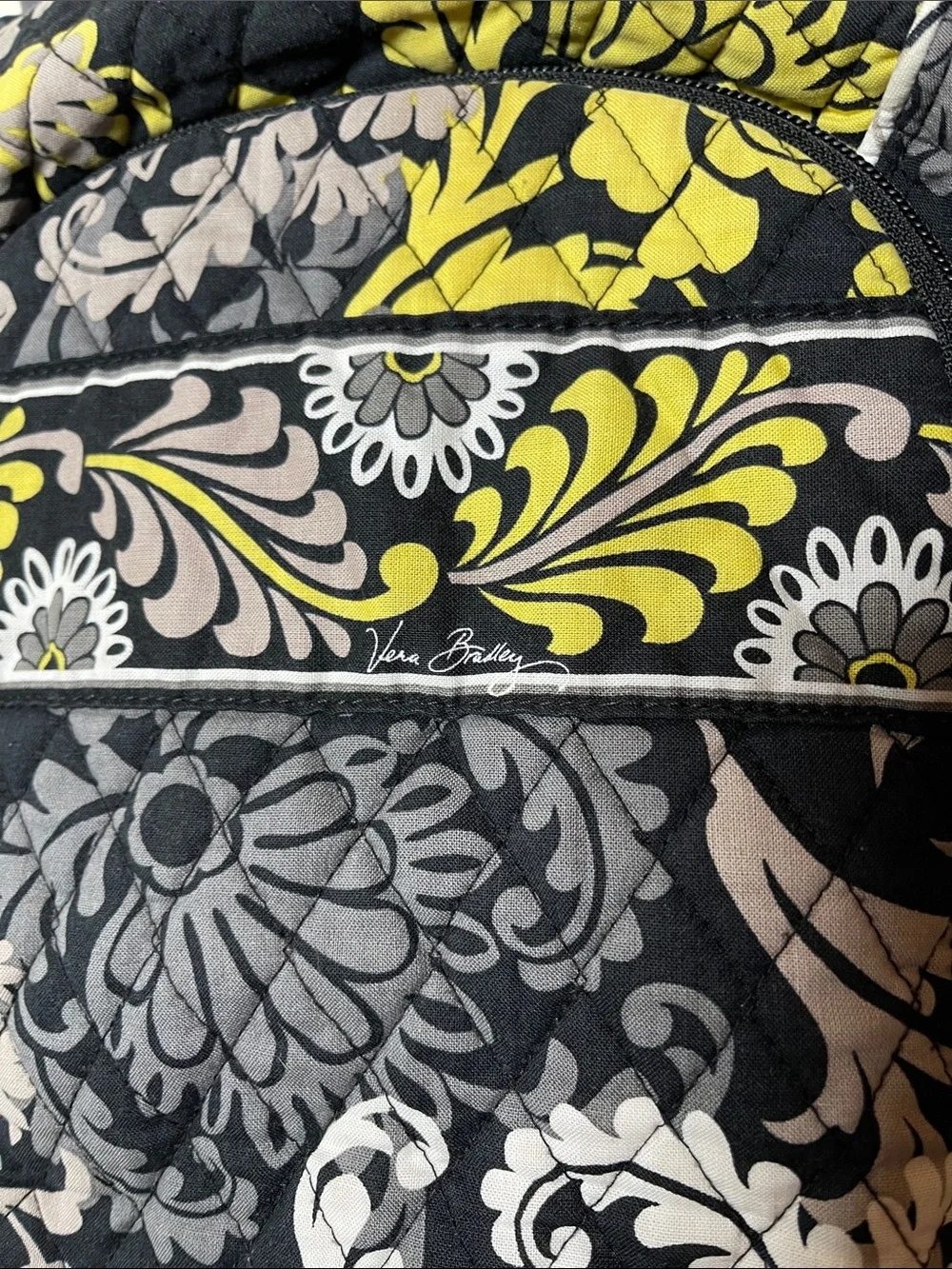 Vera Bradley Black Travel Backpack with Yellow, Gray & Cream Floral Print